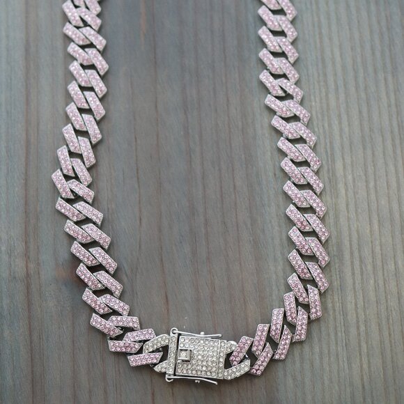 15mm 22inches Cuban Ice Curb Diamond Chain Pink/Silver Necklace with Rhinestones - Picture 1 of 3